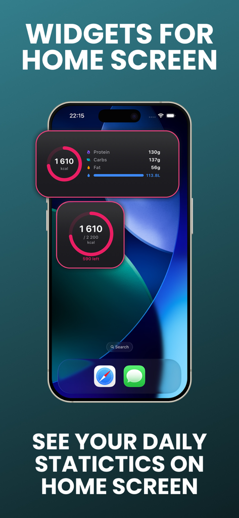 Calorie Tracker - AI Food Log - iPhone home screen showing daily calorie and macro tracking widgets from the AI Food Log app