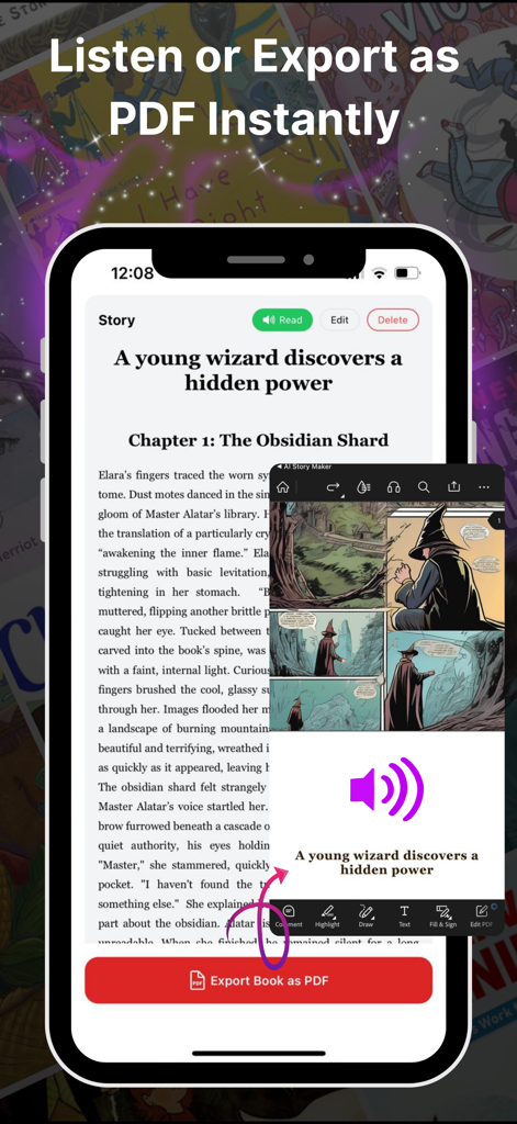 AI Storyteller: Book Creator - Interface of AI Storyteller app showing a wizard story with buttons to listen to the audio or export the book as a PDF.