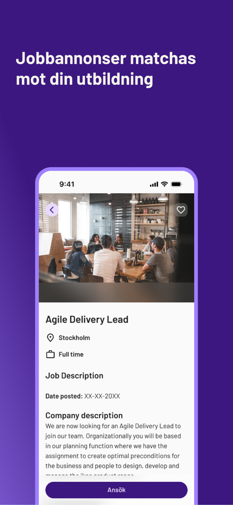 weStudents - studentrabatter - The weStudents mobile app displaying a job advertisement for an Agile Delivery Lead position.