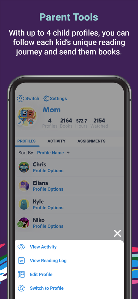 Epic app Parent Tools screen showing a dashboard with multiple child profiles and reading activity tracking.