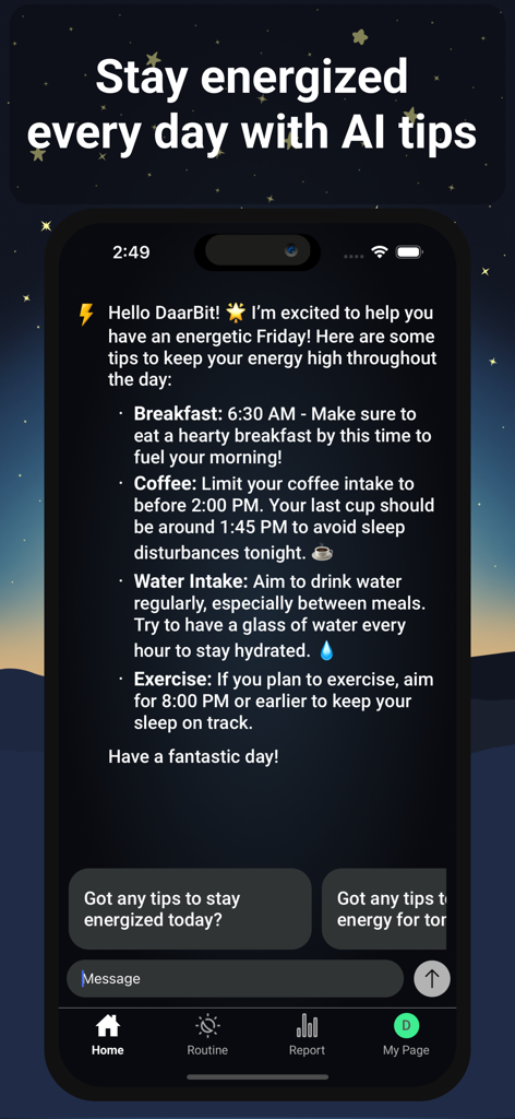 Energy Routine - Energy Routine app screen displaying personalized AI advice for energy management