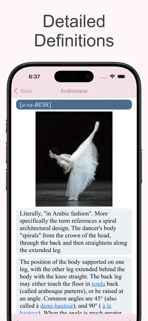 Ballet Lite - Pantalla de iPhone que muestra una definición detallada e imagen para el término de ballet Arabesque en la aplicación Ballet Lite.
