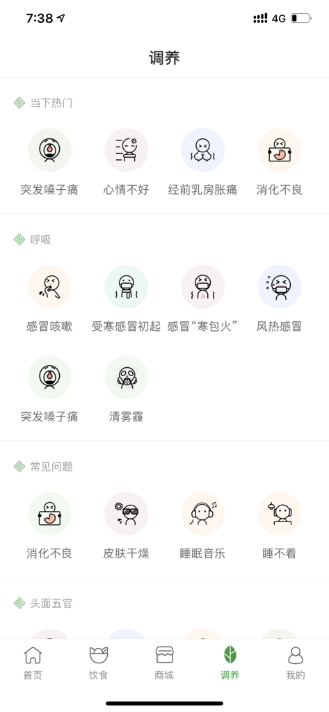 过日子-体质调理健康养生症状查询 - A mobile interface of the Guo Ri Zi health app showing self care categories and symptom icons for traditional chinese medicine remedies