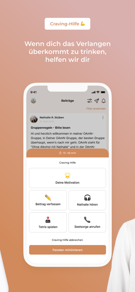Screenshot of the OAMN app featuring the craving help dashboard with support tools