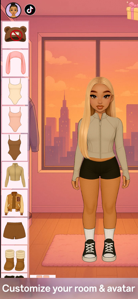 SCENEZ: Cozy Dress Up Game - An aesthetic character customization screen in SCENEZ with a city sunset backdrop.