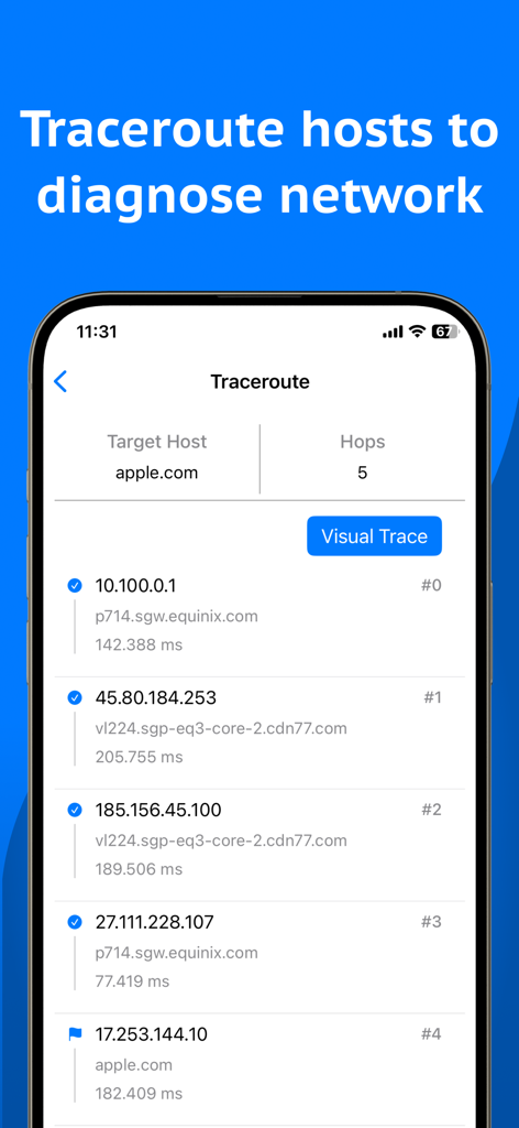 Captura de pantalla de la aplicación móvil que muestra resultados de traceroute para apple.com para diagnosticar la conectividad de red