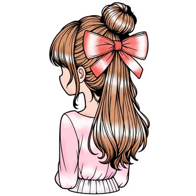realistic girl  with hip length hair a bun and a big bow on the back of head