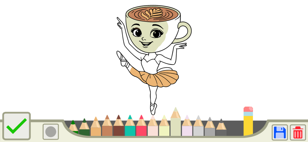 Página para colorear digital con el personaje Ballerina Cappuccina y una paleta de lápices de colores