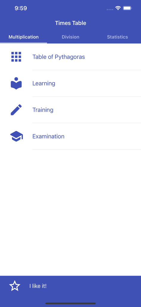 Multiplication Table. Trainer - Main menu of the Multiplication Table Trainer app showing options for learning and training
