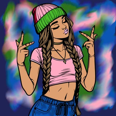 realistic teenage girl with braids and a beanie and crop top doing 🫶🏼