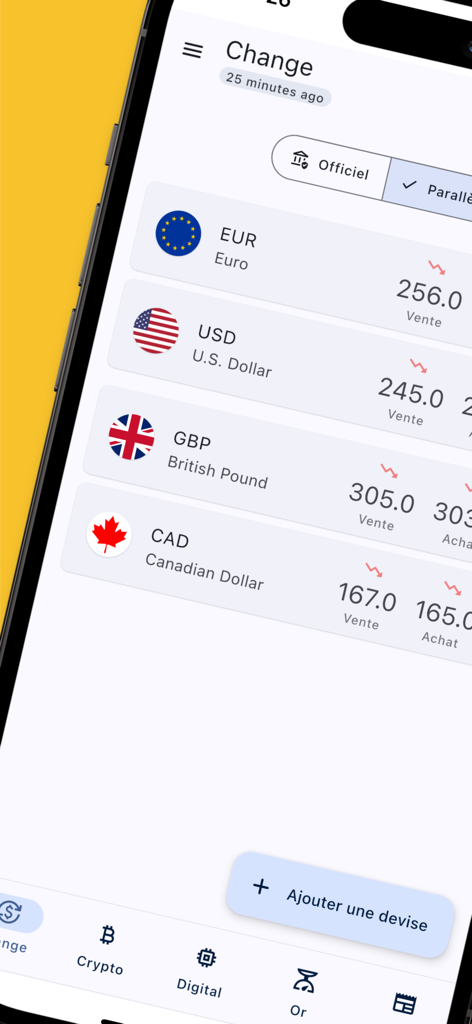 App screen showing parallel currency exchange rates for USD, EUR, and GBP to Algerian Dinar