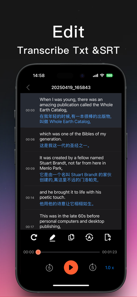 Interfaz de la aplicación Transcribe que muestra una transcripción de texto bilingüe con marcas de tiempo y herramientas de edición