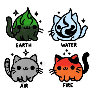 4 cats that represent the different elements, earth, water, air, and fire