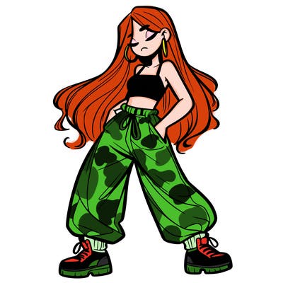 girl in baggy pants crop top and long hair