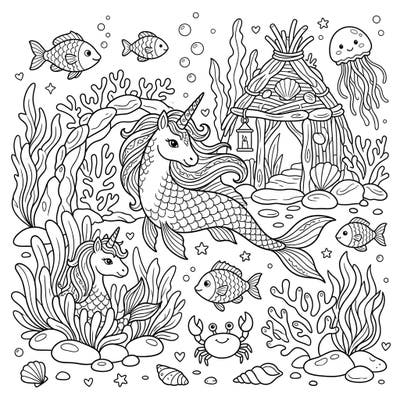 Discover a whimsical blend of marine fantasy and rustic charm with this unique Sea Unicorn Cottagecore coloring page. Immerse yourself in an enchanting underwater scene filled with mythical creatures and cozy details, perfect for a relaxing coloring escape.