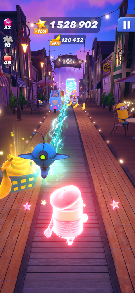 Personaje Minion corriendo en un muelle de madera con un gadget volador azul en Minion Rush.