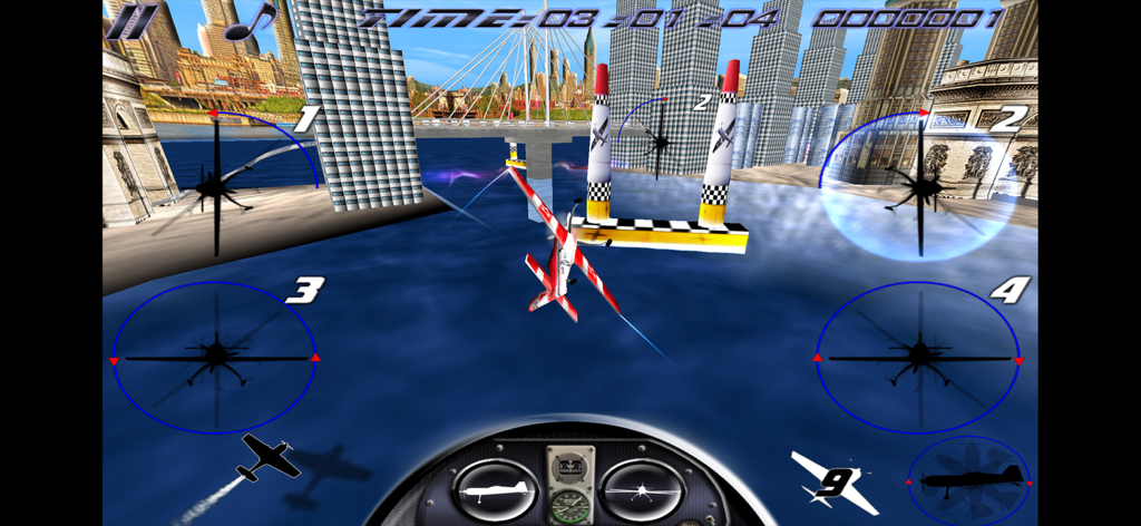 AirRace SkyBox - A red and white Sukhoi 26 airplane racing through urban air gates over water with a cockpit dashboard display.