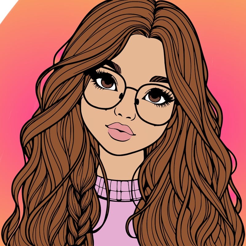 girl with long hair and freckles and glasses realistic