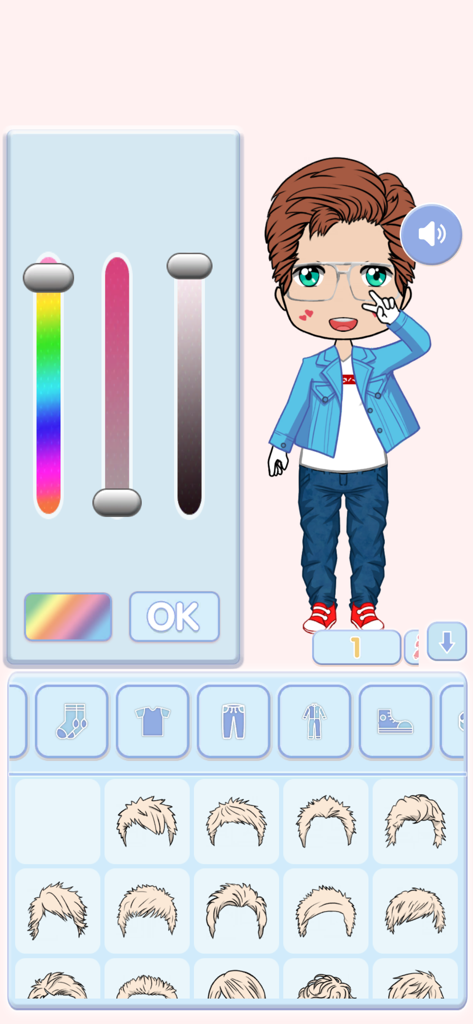 Chibi Boy – Avatar Creator - The customization interface of Chibi Boy Avatar Creator showing hair styles and color selection sliders for a chibi character.