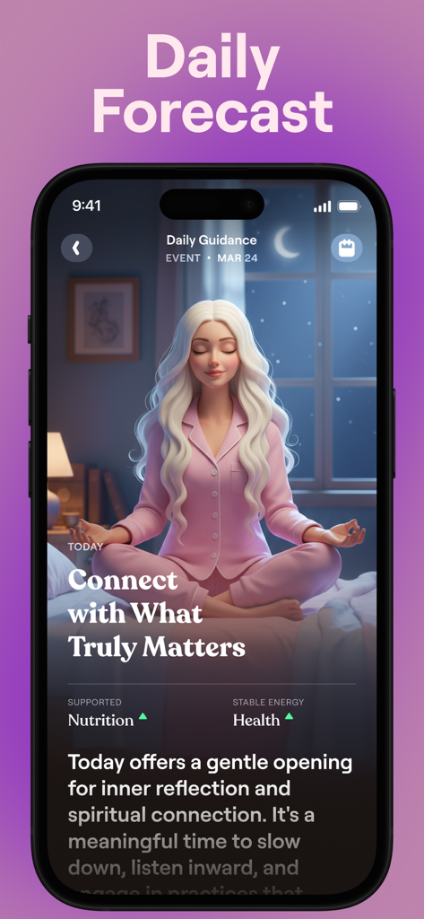 A woman in pink pajamas meditating in front of a window at night on the Moonly app's Daily Forecast screen.