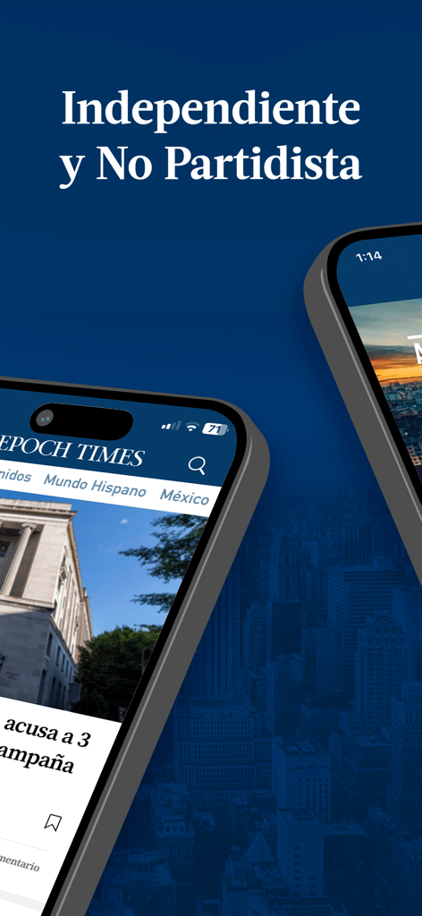 El Epoch: Últimas Noticias - Mobile interface of the El Epoch news app displaying independent and non-partisan journalism in Spanish