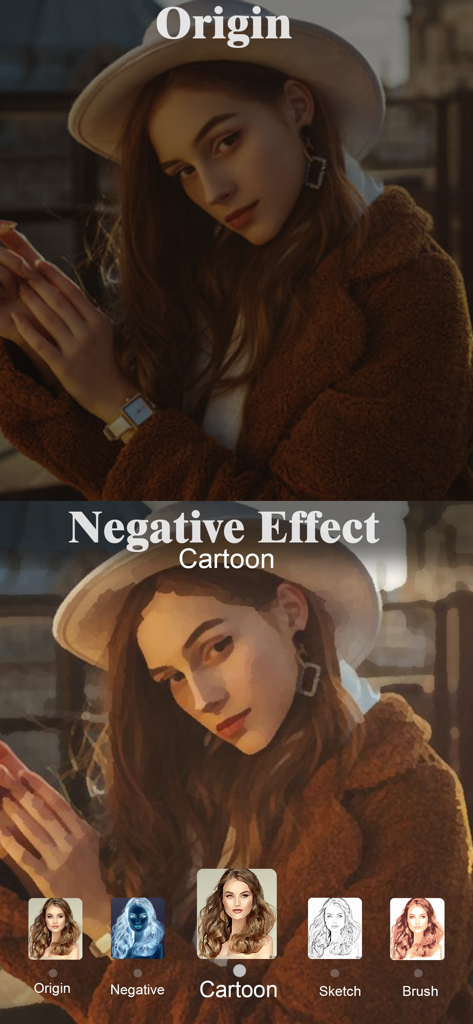 Comparação lado a lado mostrando um retrato original e o efeito do filtro de desenho animado aplicado