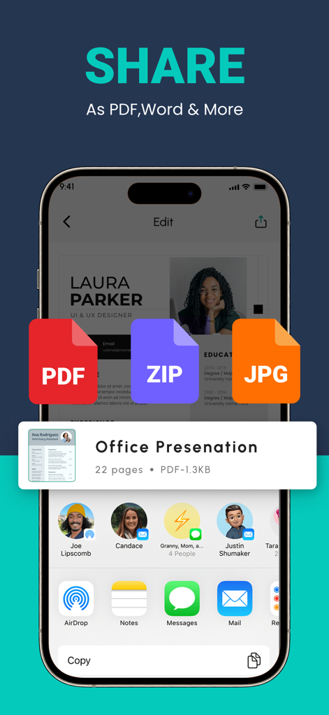 Interface do aplicativo móvel para compartilhar documentos digitalizados em formatos PDF, ZIP e JPG