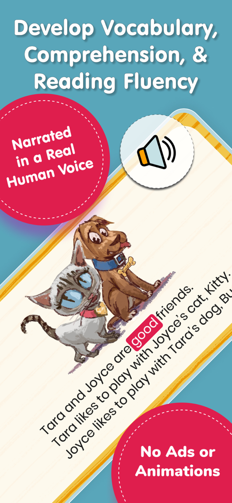 Kindergarten reading app showing a story page with human voice narration and reading fluency features