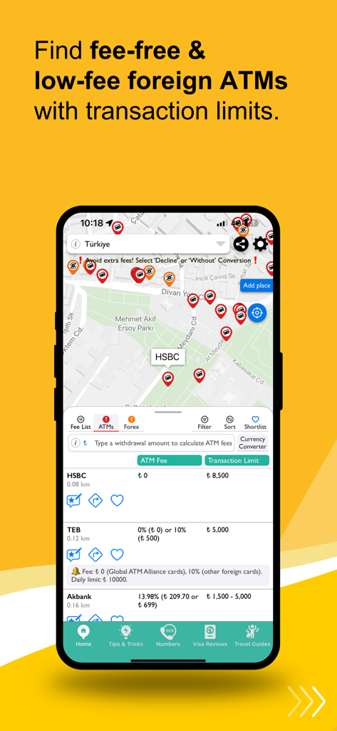ATM Fee Saver: Travel Smarter - ATM Fee Saver app interface showing a map of fee-free and low-fee ATMs in Turkey with transaction limits and fee comparisons