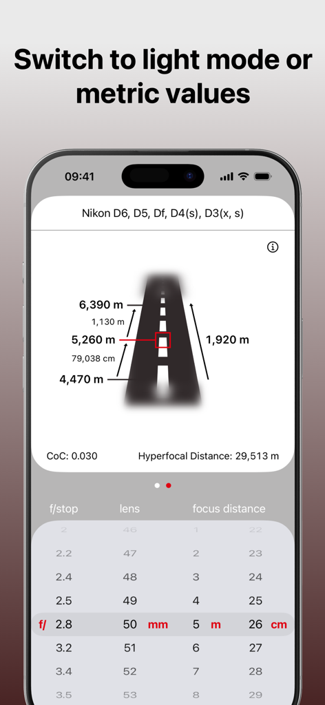 Simple DoF Rechner mobile App-Oberfläche mit Schärfentiefe- und hyperfokaler Distanzberechnung für eine Nikon-Kamera