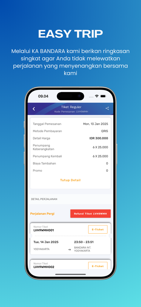 KA Bandara - Tela de smartphone exibindo detalhes de bilhete digital e opções de reembolso no aplicativo móvel KA Bandara