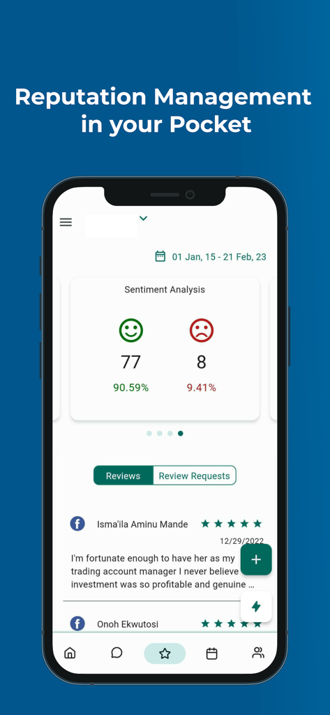 Lead Connector mobile app screenshot showing the reputation management dashboard with sentiment analysis and Facebook customer reviews