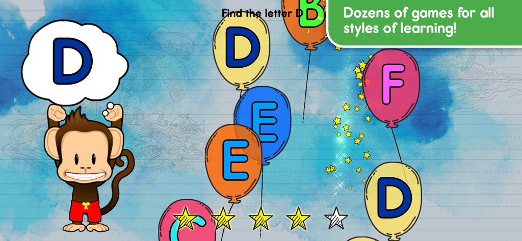 Monkey Preschool Learning - Un juego educativo interactivo donde un personaje mono le pide al niño que encuentre la letra D entre globos coloridos.