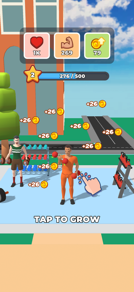 Gameplay von Gym Workout Hero Idle Clicker, das Charaktere beim Training mit Hanteln zeigt, um Muskeln aufzubauen und Münzen zu verdienen