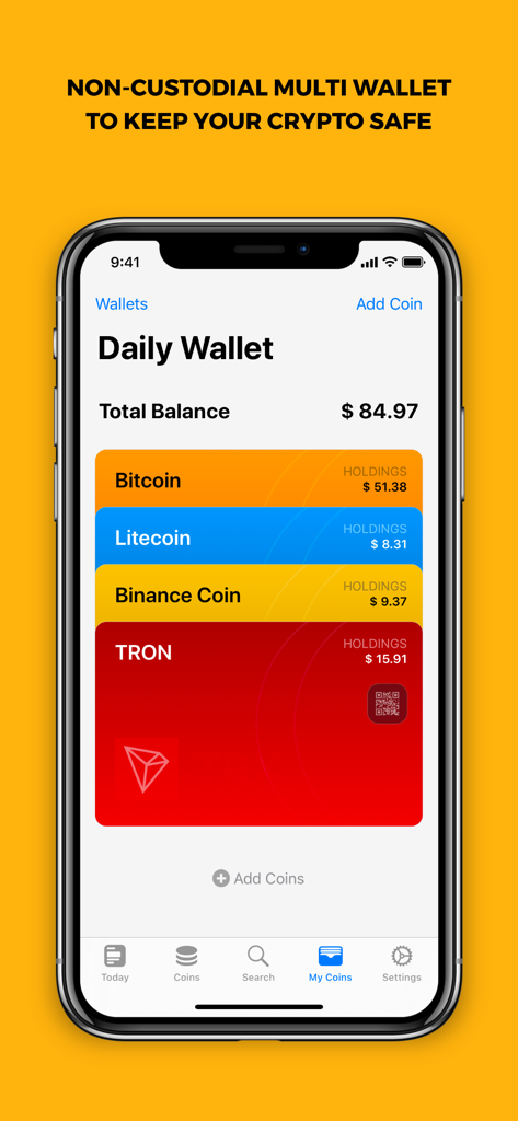 COINS: One App For Crypto - Mobile app screen displaying a non-custodial crypto wallet balance and portfolio of various digital assets.