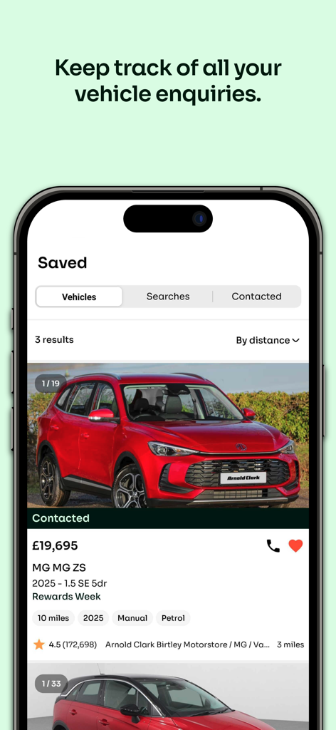 Cazoo: Buy Used Cars - Screenshot of the Cazoo app showing the saved vehicles section with a list of used cars including an MG ZS for sale.