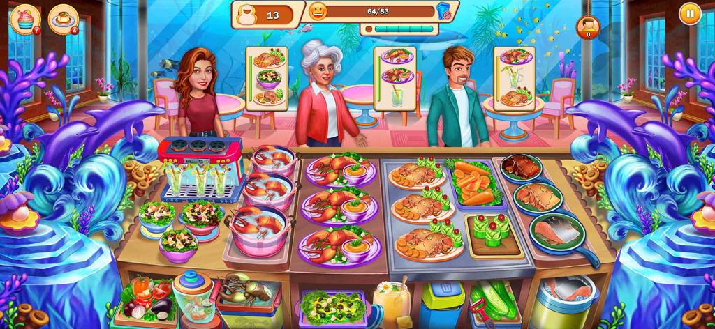 Underwater seafood restaurant gameplay in Food Cooking game with customers waiting for orders