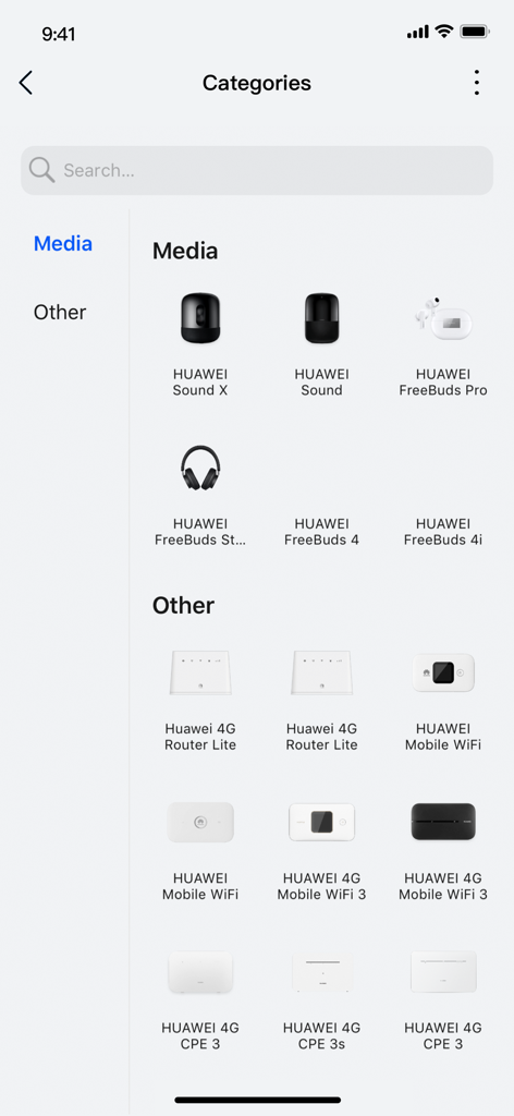 HUAWEI AI Life app interface displaying categories for smart speakers earbuds and routers