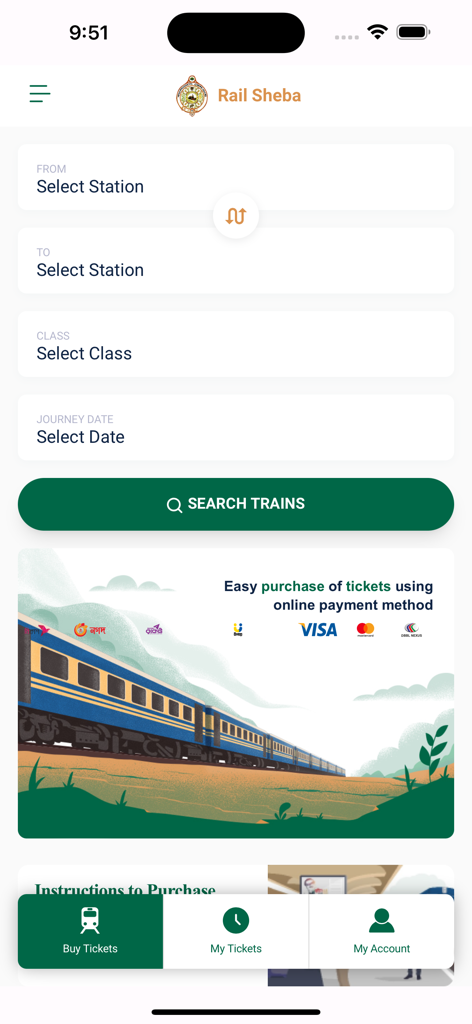 Rail Sheba mobile app interface for searching and booking train tickets in Bangladesh.