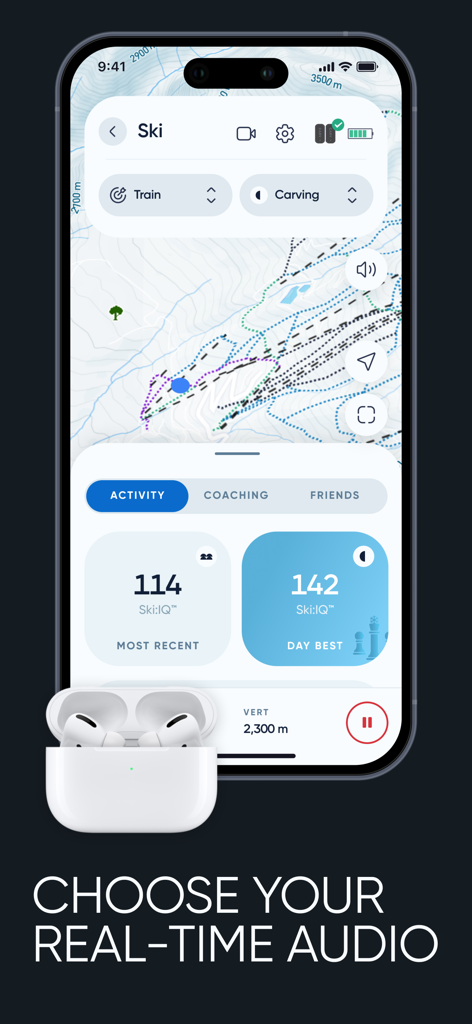 Smartphone displaying the Carv app interface with a ski resort map, performance scores, and real-time audio coaching options.