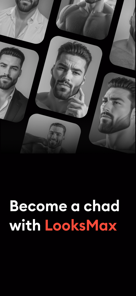 Promotional image for LooksMax AI app featuring photos of a masculine man and the text Become a chad with LooksMax