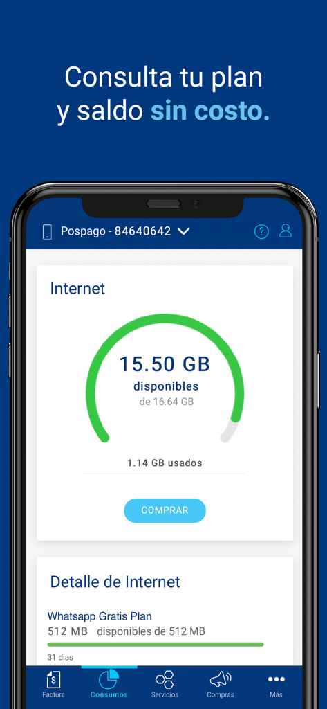 Screenshot of the Mi Tigo Nicaragua mobile app interface showing internet data balance and consumption details
