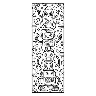 Ignite your child's imagination with this delightful toy robot bookmark coloring page, featuring a playful stack of friendly robots and a rocket. It's the perfect creative activity for young readers to personalize their favorite books with a touch of mechanical charm.