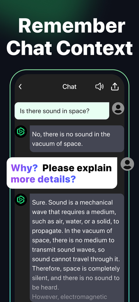 AI Chat − AI Chatbot Assistant - A screenshot of the AI Chat app demonstrating its ability to remember chat context through a conversational explanation about sound in space.