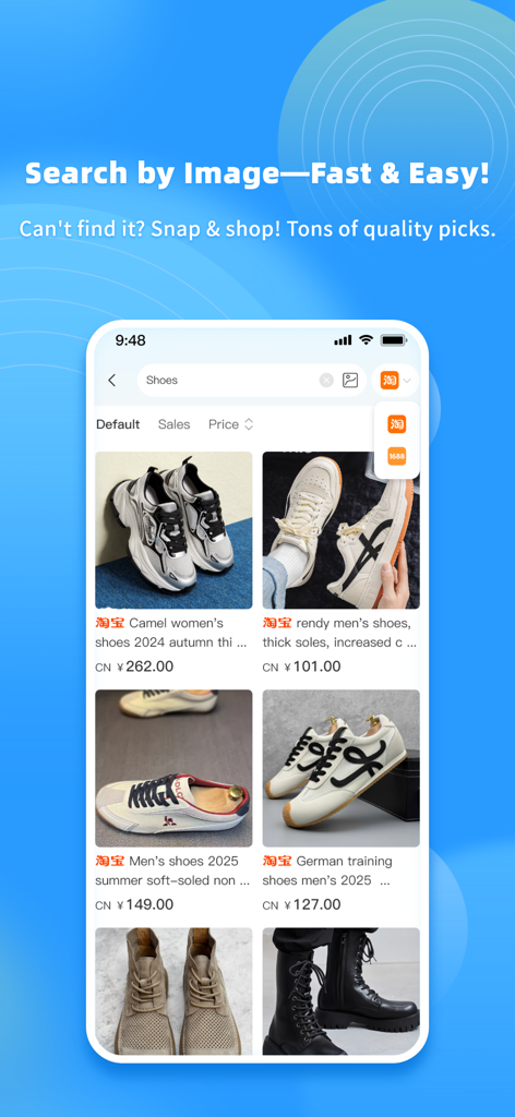 Interface do aplicativo DogeGoo mostrando o recurso de pesquisa por imagem com várias listagens de sapatos do Taobao e 1688