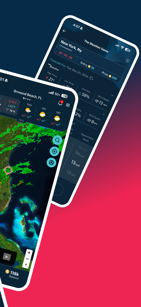 Weather Champs app screens showing a weather radar map and a daily fantasy weather prediction game interface