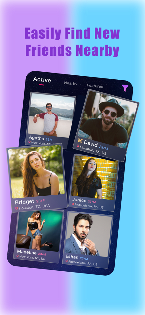 Adult Casual Dating App -Feel - Screenshot of Feel dating app showing user profiles with names, ages, and locations under the heading Easily Find New Friends Nearby.