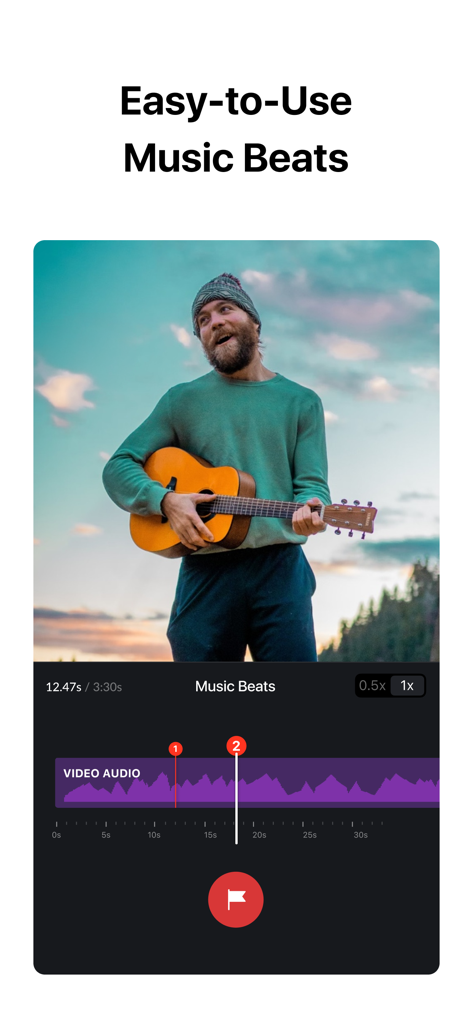 Interface do aplicativo VN editor de vídeo mostrando o recurso de batidas musicais fácil de usar com marcadores de forma de onda de áudio