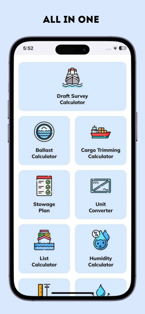 Bridge Calc: Draft & Ballast - Main dashboard of the Bridge Calc app showing various maritime calculator modules including Draft Survey and Ballast Calculator.