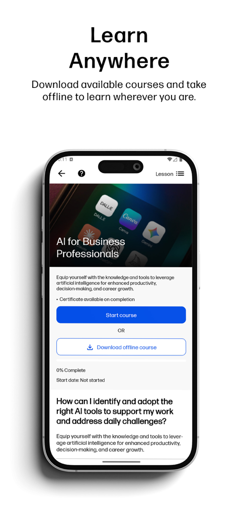 HP LIFE - HP LIFE app interface showing an AI for Business Professionals course with a button to download the course for offline learning.